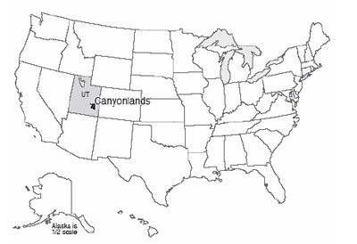Map of U.S. with Canyonlands National Park highlighted in the southeastern quarter of Utah.